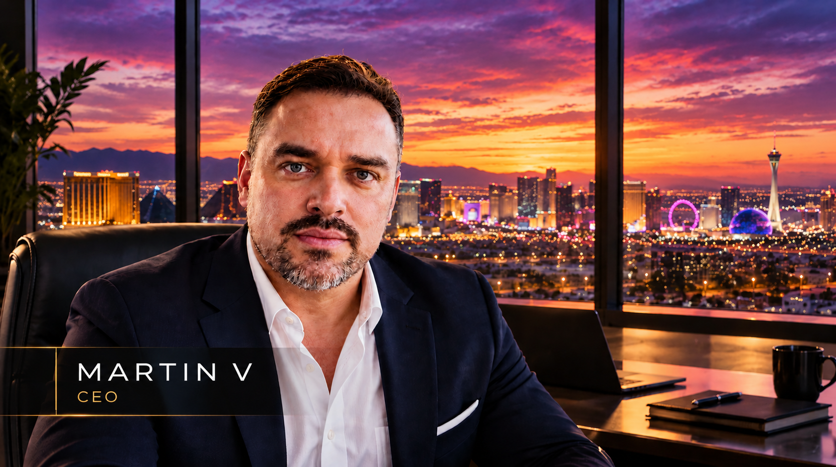 Martin V, CEO of NOVUS PROGRESSUS, in a Las Vegas executive office at sunset